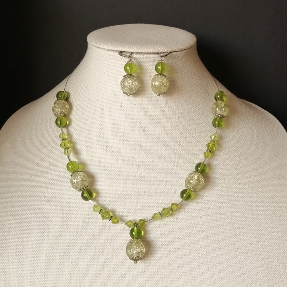 Artisan Necklace Earrings Set Green Acrylic Beads Silver Spacers Wire